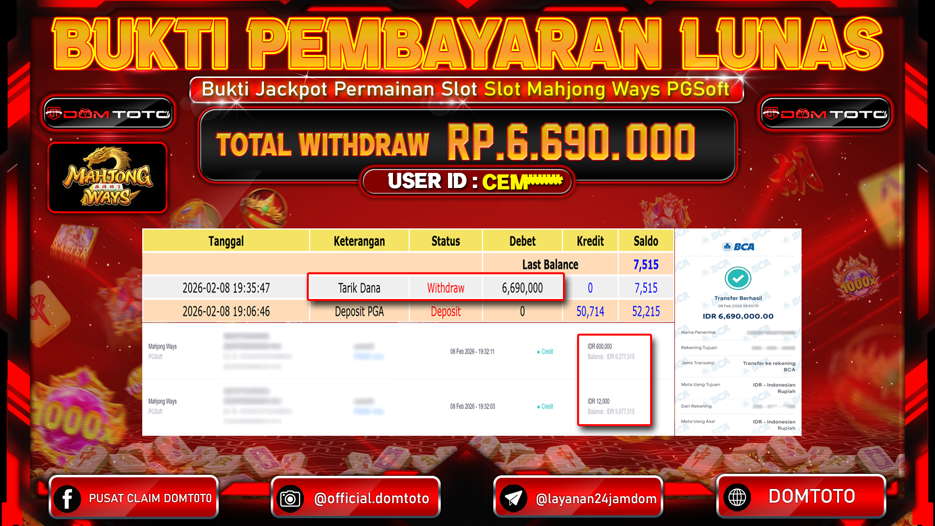 JACKPOT SLOT Mahjong Ways PGSoft 08 FEBRUARI 2026